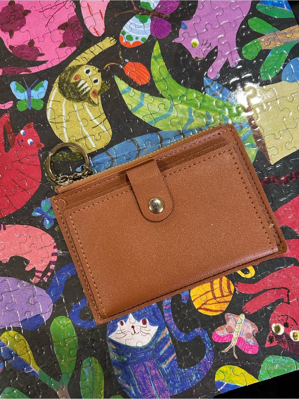 Tan Faux Leather Card Holder Keychain